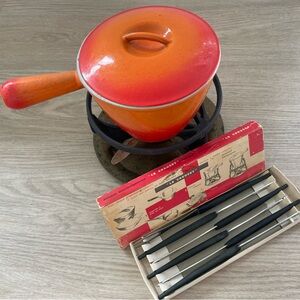 RARE LN16 Vintage Le Creuset Enameled cast iron fondue pot set Flame